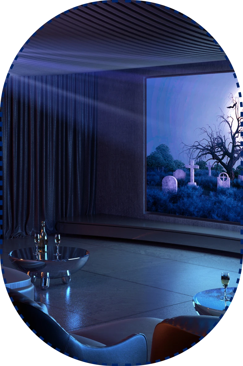 A dimly lit room with sleek furniture overlooks a graveyard with tombstones and a gnarled tree through a large window.